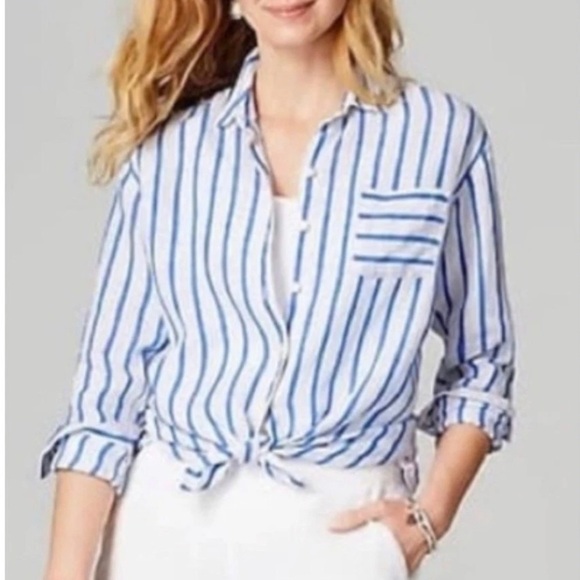 NWT J. Jill Love Linen Blue/White Stripe 100% Linen Button Down Shirt Size XS - Picture 2 of 10